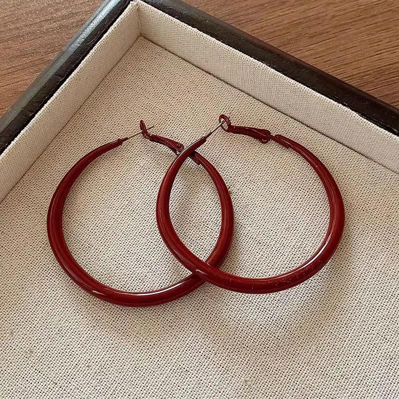 Ankela Orecchini a cerchio grandi e rotondi rossi per donna, semplici e alla moda, con cerchio geometrico iperbole, orecchini a cerchio Huggie, gioielli Brincos Bijoux, regalo