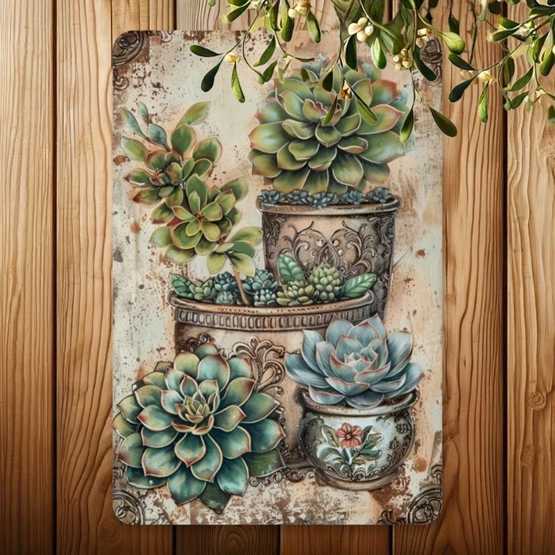 Vintage Metal Succulent Wall Decor 8x12 Inch Iron Foil Art for Kitchen Bar Cafe