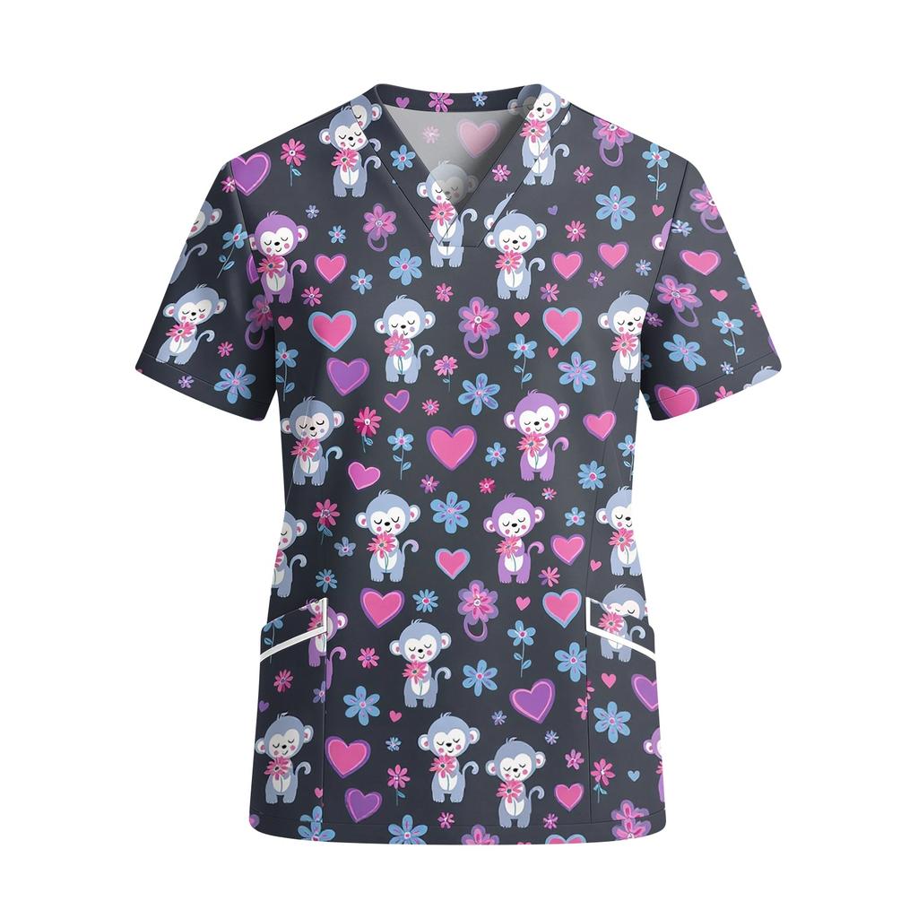 Women V Neck Short Sleeve Work Shirt with Pockets Animal Print Top Medical Uniform Scrub Blouse Relaxed Fit Durable Fabric