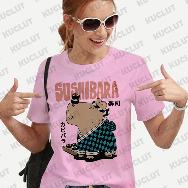 Woman Clothing Japanese Style Cute Capybara Print Tees Shirt Fashion Female Clothes T-Shirts Funny Animal Graphic Y2k Tops