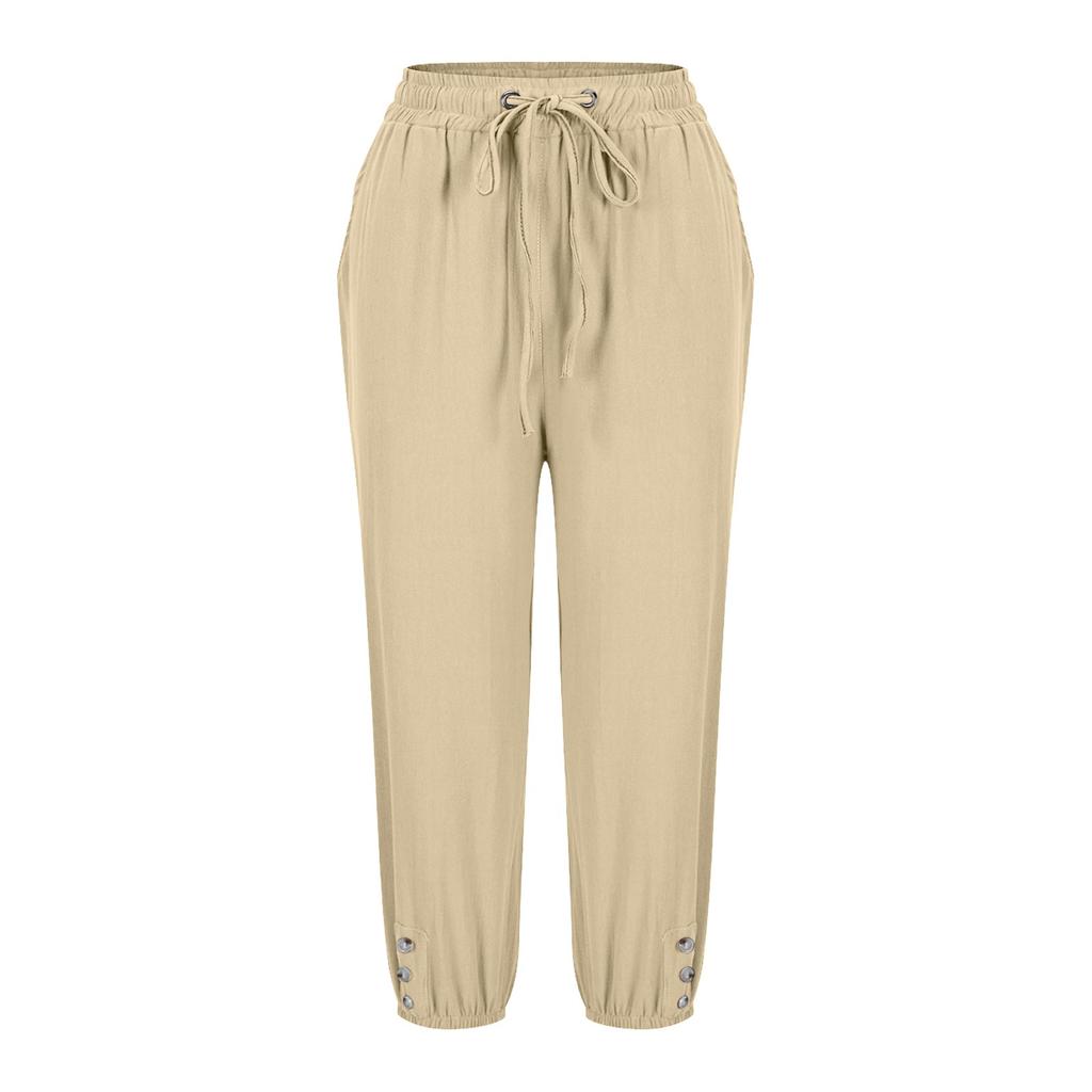 Women's Solid Color Pants With Elastic Waistband Loose Button Pants Legs Casual Pants