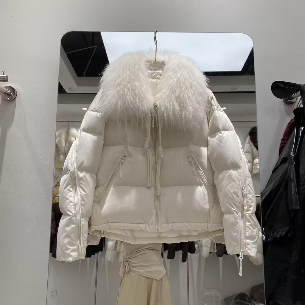 New natural raccoon real fur collar white duck down jacket women's short thickened warm fashion jacket