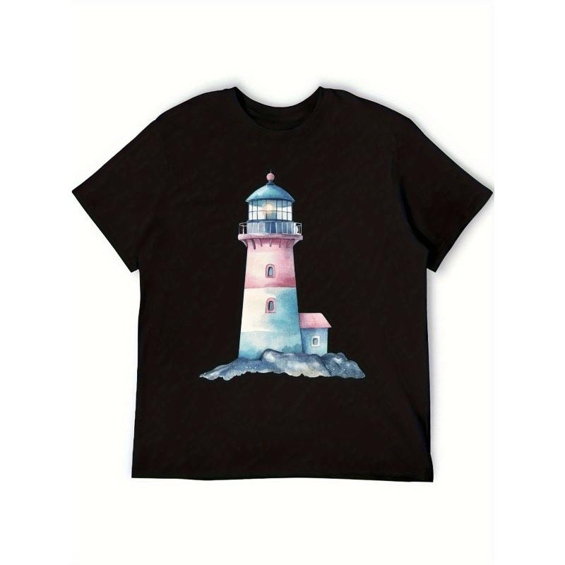Women's T-Shirt Casual Round Neck Short Sleeve Tee for Spring/Summer,  Everyday Tshirt| Playful Print Tee| Fabric, Lighthouse Decor