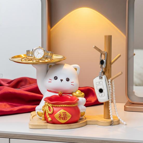Lucky Cat Key Holder Tray for Entryway Table Resin Fortune Cat