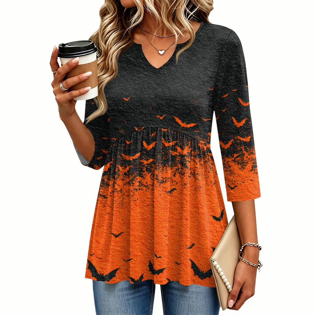 Women's Casual V-Neck Three-Quarter Sleeve Blouse with Halloween Print for Fall Parties