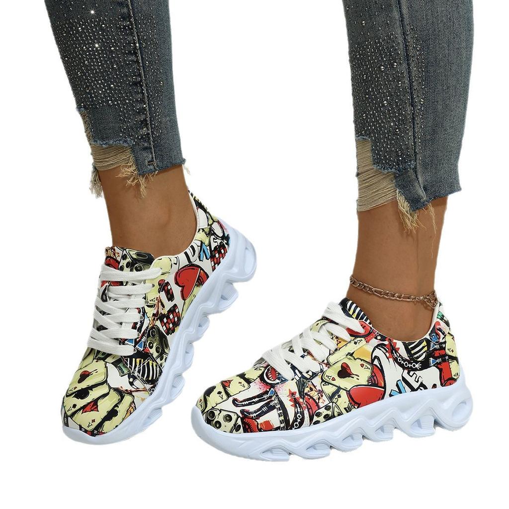 Sneakers Large Size Sneakers Women's Outer Wear Muffin Thicksole Front Lace-Up Low Top Full Graffiti Casual Sneakers