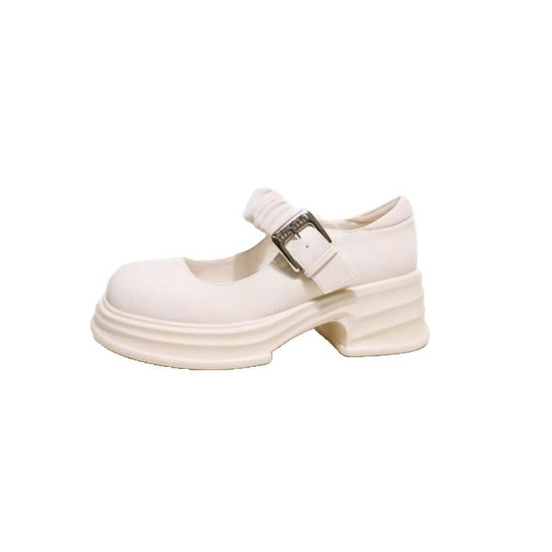 Thick-soled White Mary Jane Shoes Women's 2025 Spring New French Small Leather Shoes Thick Heel Light Mouth Rhinestone Buckle Sandals