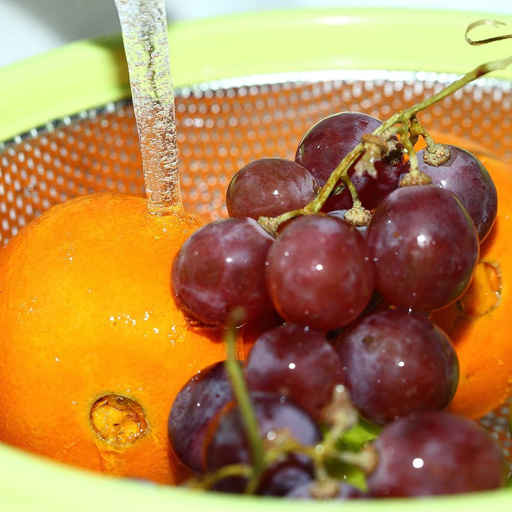 Stainless Steel Colander With Handle and Legs, Large Metal Green Strainer for Pasta, Spaghetti, Berry, Veggies, Fruits, Noodles, Salads, 5-quart