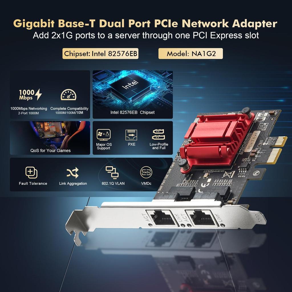 2-Port Gigabit PCIe Network Adapter, Intel 82575/82576 Controller, 1000/100Mbps Binardat Ethernet LAN Card for Windows/Linux