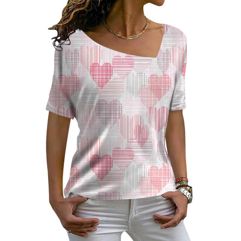 Ladies Fashion Casual Loose Pullovers Tee Shirts Summer 3d Pineapple Printed Women's Short Sleeves V-Neck Diagonal Collar Tops