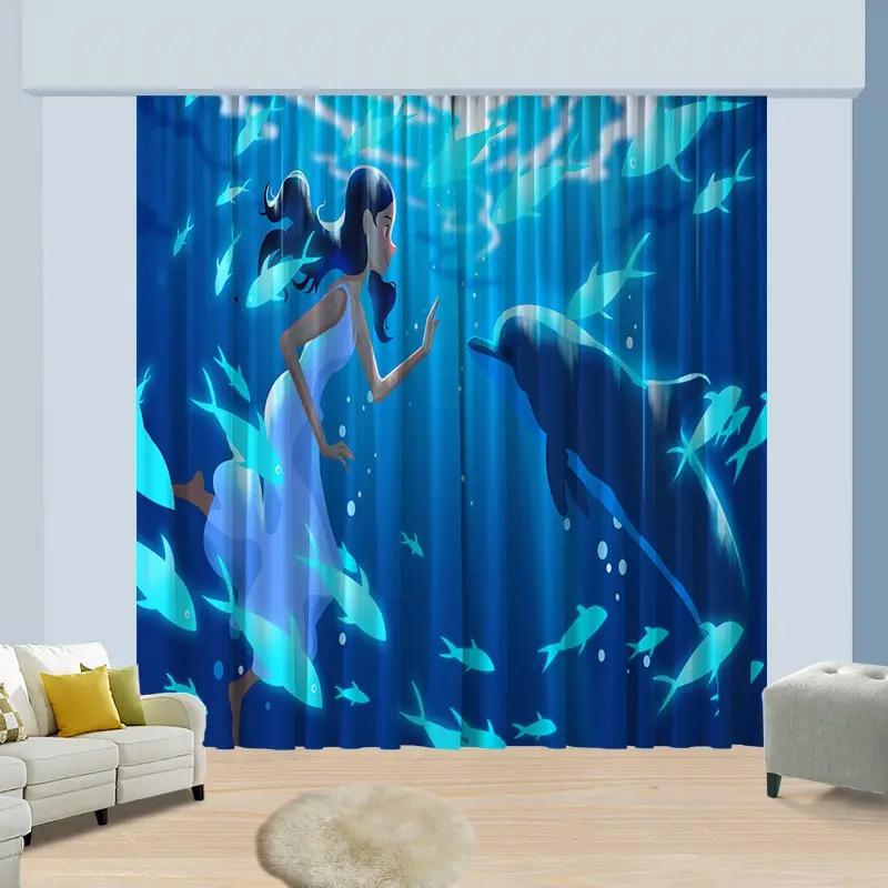 

2 шт. шторы с рисунком рыб в морском стиле, декоративные шторы на карнизах для окон, украшения для спальни, гостиной, домашнего декора 135W185H(CM)53x73in&Rod Pocket