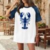 Women Casual Denim Patchwork Short Sleeve T Shirt Summer Spring Fashion Comfortable Loose Fit Crew Neck Top with Lobster Print