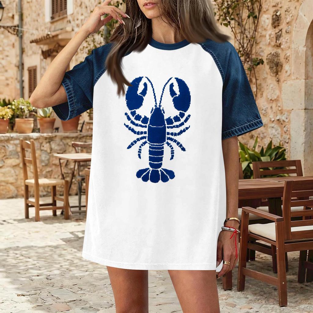 Women Casual Denim Patchwork Short Sleeve T Shirt Summer Spring Fashion Comfortable Loose Fit Crew Neck Top with Lobster Print