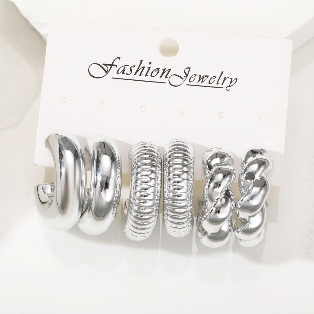 6Pcs Classic Geometry Glossy Ccb Silver Color Twists C Shape Hoop Earrings Set for Women Teens Vintage Daily Wear Ear Jewelry