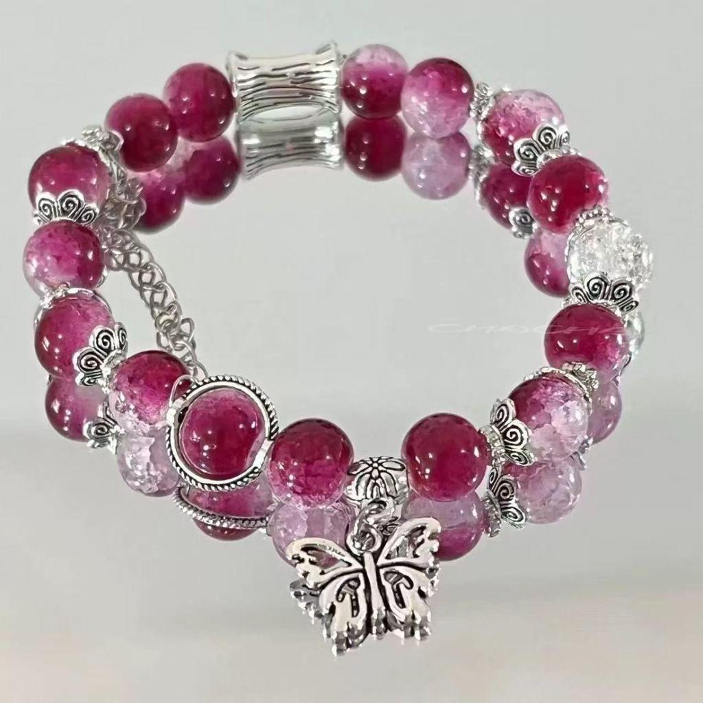 Exquisite Glazed Wine Red Butterfly Floral Beaded Bracelet for Women - Light Luxury Snowflake Design.