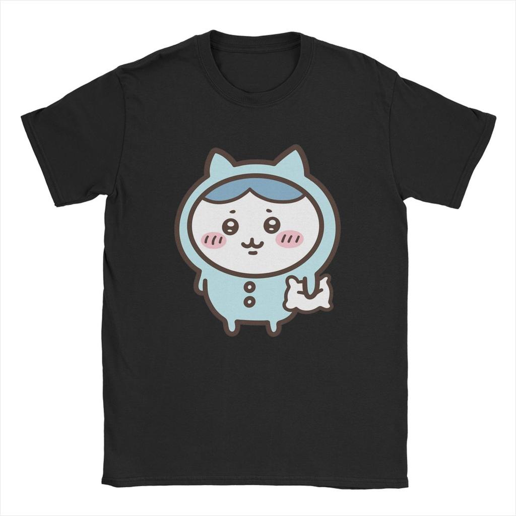 Men T-Shirt Hachiware In Blue Pajamas Chiikawa Humorous Pure Cotton Tee Shirt Short Sleeve T Shirt Crewneck Tops Birthday Gift