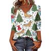 Women's Christmas Print V-Neck Three-Quarter Sleeve Casual Loose Fit Shirt