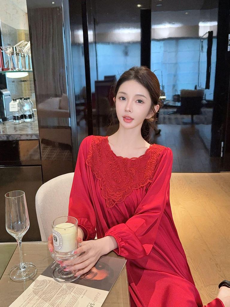 2026 French High-End Lace Cutout Long Sleeve Ice Silk Sleep Dress for Women