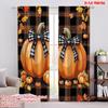 2D Flat Printing 2pcs Festive Autumn Thanksgiving Scene Curtains Fall Pumpkins Plaid Bow Maple Leaves Polyester Without