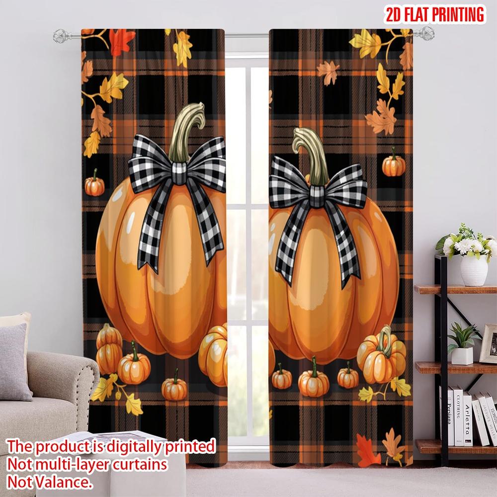 

2D flat printing 2pcs Festive Autumn Thanksgiving Scene Curtains Fall Pumpkins Plaid Bow Maple Leaves Polyester Without 52.50 × 116.00 cm 2 pcs