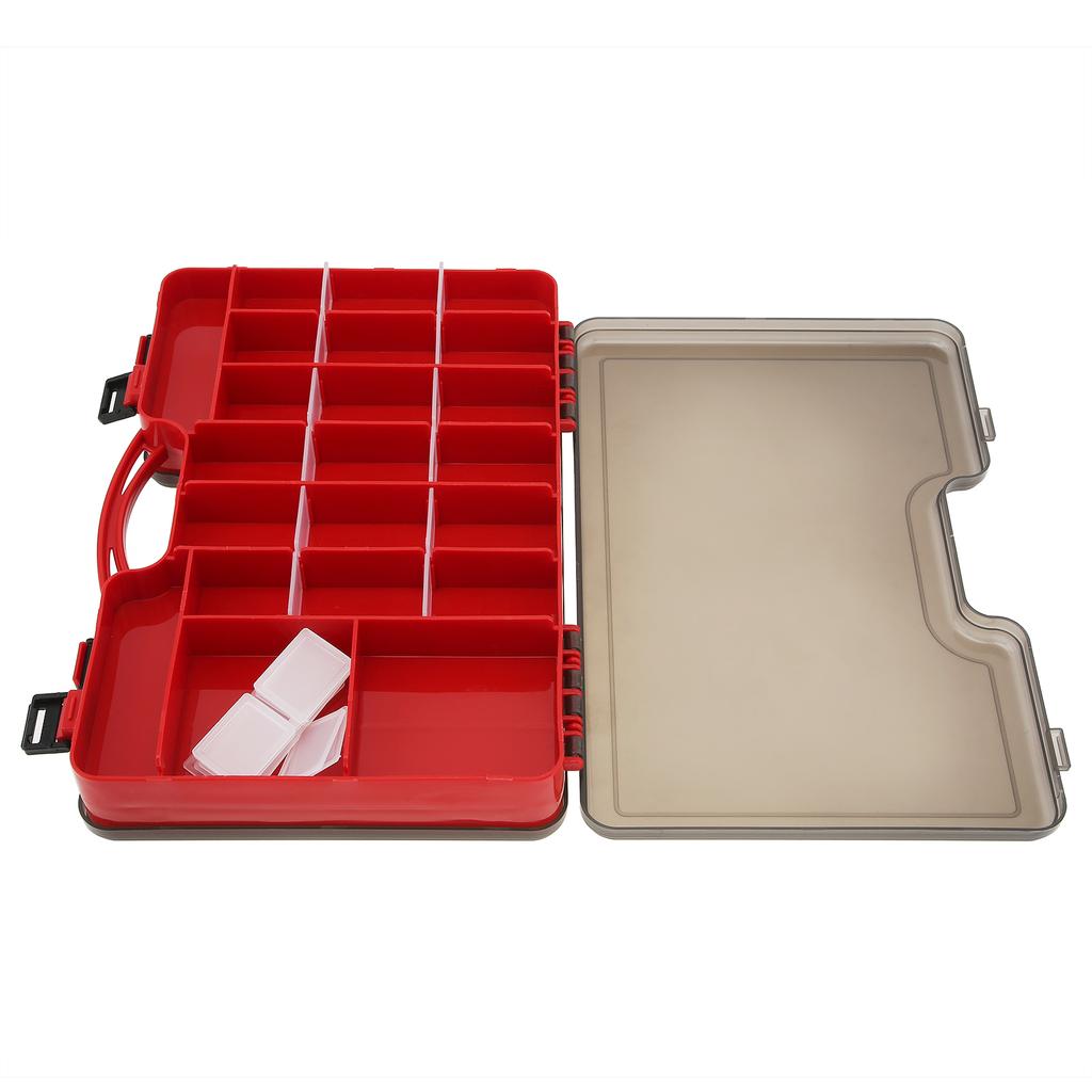 Tragbare doppelseitige Aufbewahrungsbox für Angelgeräte aus rotem Kunststoff mit 44 Fächern