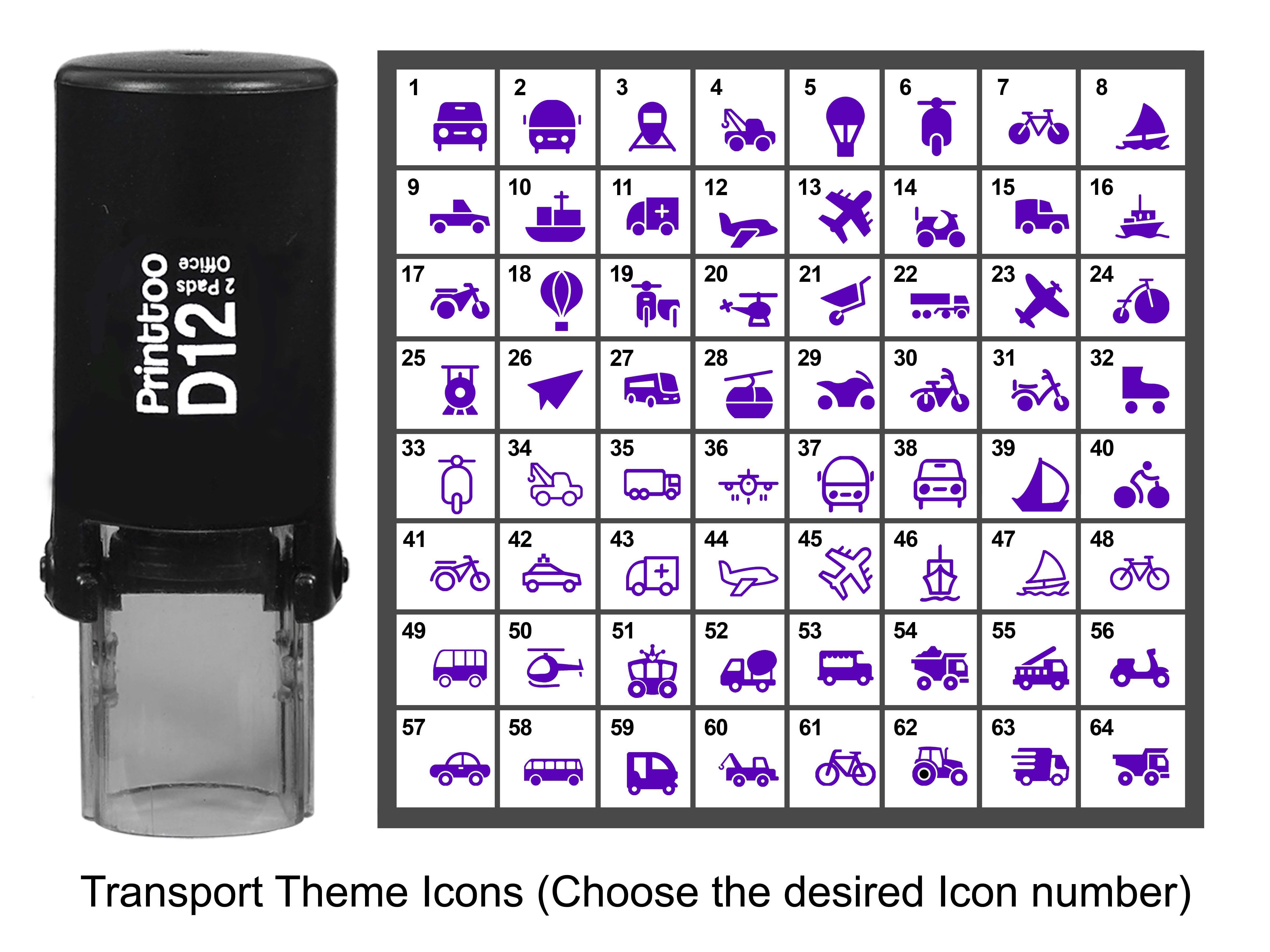 

Printtoo Transport Theme Icons Круглий гумовий штамп Самофарбовий штамп 12 мм Approx 10 mm - 12 mm (Impressions-49) Фіолетовий