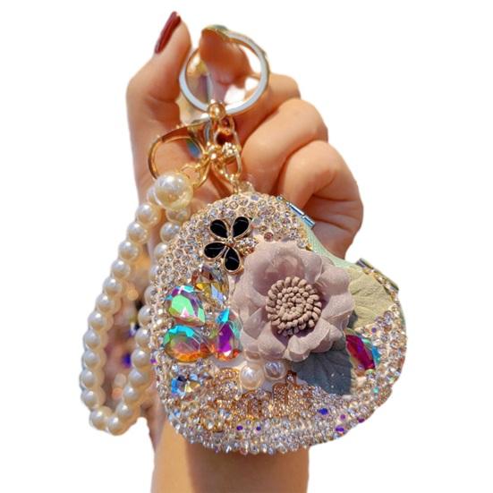 Folding Mirror Keychain Women Portable Makeup Mirror Rhinestone Faux Pearl Chain Sparkling Mirror Pendant for Touch-Ups Handbag