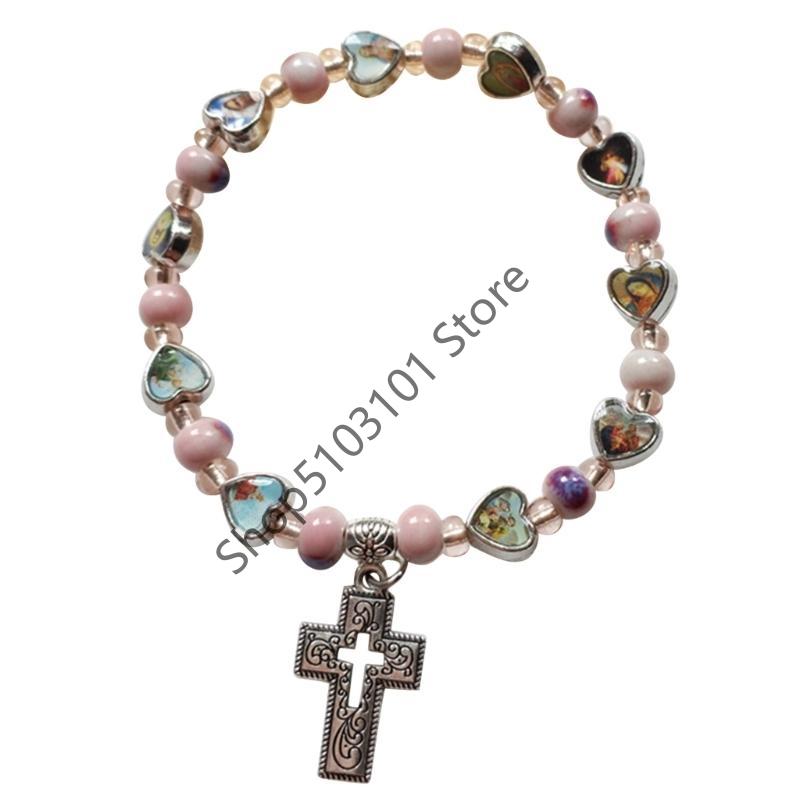 Jesus Cross Rosary Bracelet Lady Virgin Mary Jesus Cross Handmade Bead Chain Rose, Sacred Heart Compassion Rosary Bracelet Gift