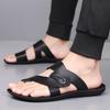 Men Black Leather Slippers Simple Flats Summer White Outdoor Brown Open Toe Wide Head Beach Shoes Plus Size