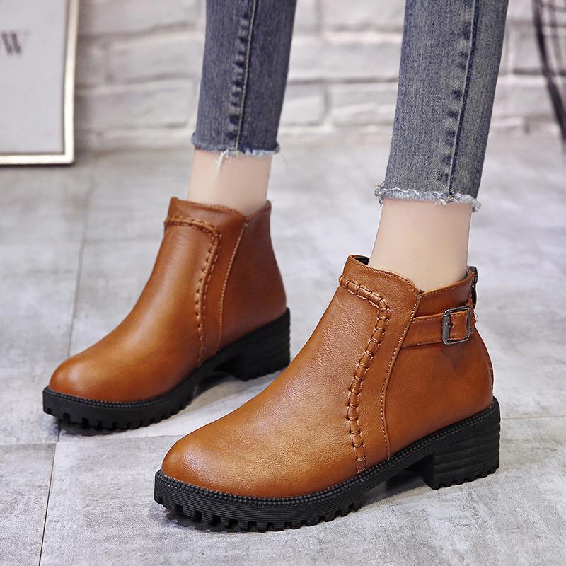 Fashion Fashion Women's Ankle Boot Zipper Low Chunky Heels Vintage Leather Shoes for Women Buckle Strap Round Toe Casual Short Boots 43