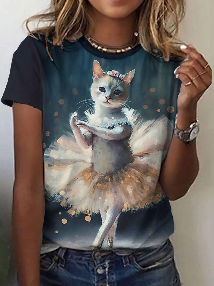 Summer Cute Cat Dances Ballet T-Shirts 3D Print Women Men Short Sleeve Round Neck T Shirt Tees Harajuku Y2K Tops Unisex Clothing