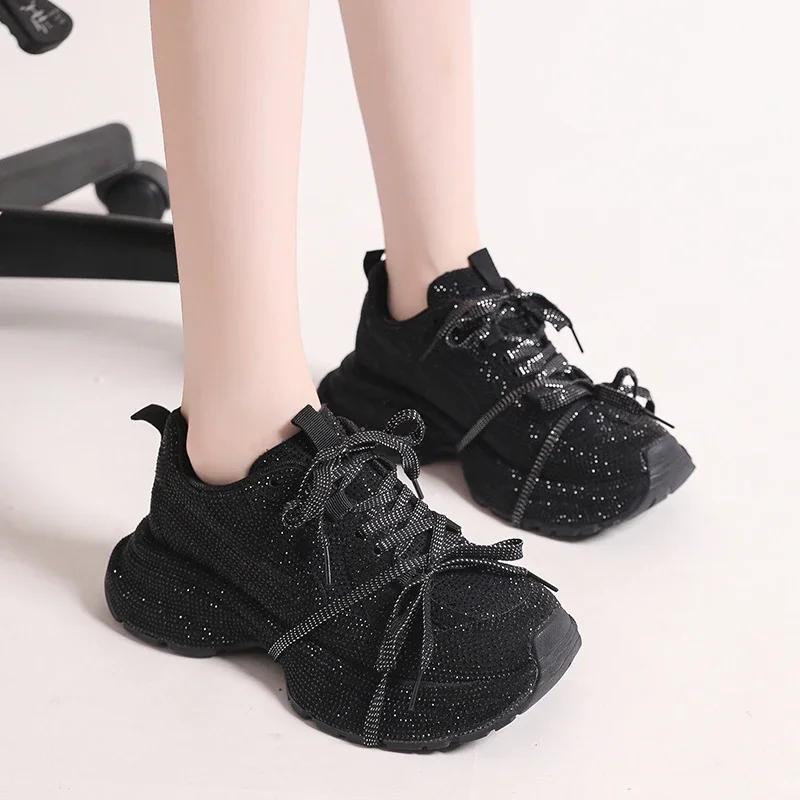 Fashion 5cm Genuine Leather Rhinestone Bling Chunky Sneakers Spring Autumn Rubber Soles Breathable Platform Wedge Women Fashion Shoes