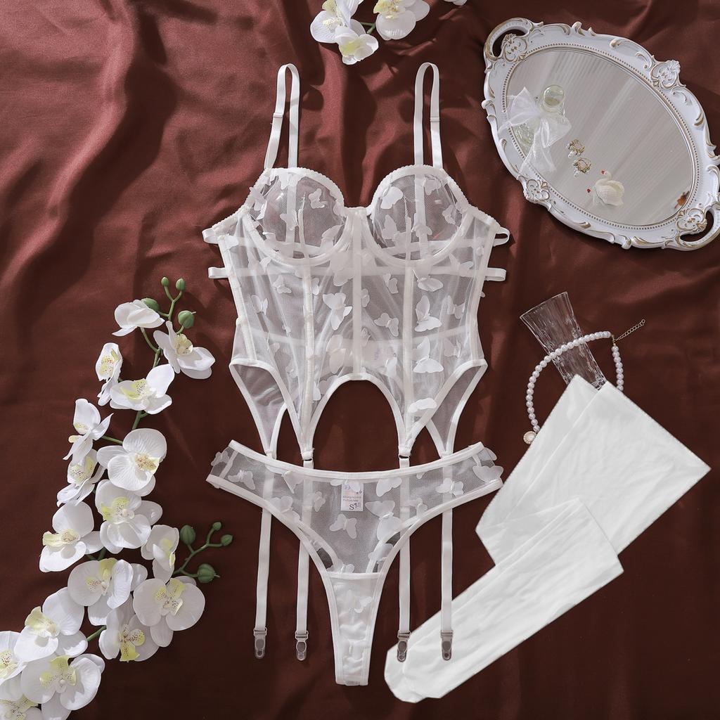Romantic Lingerie Sexy  Women 3D Butterfly Decor Corset Panty 2Pc With Stockings Pure White Wedding See Through Erotic Outfit