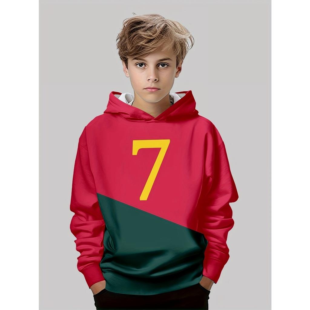 Boys' 3D Printed Casual Hoodie - Long Sleeve Hoodie, "Size 7" Design, Red Green Blocks