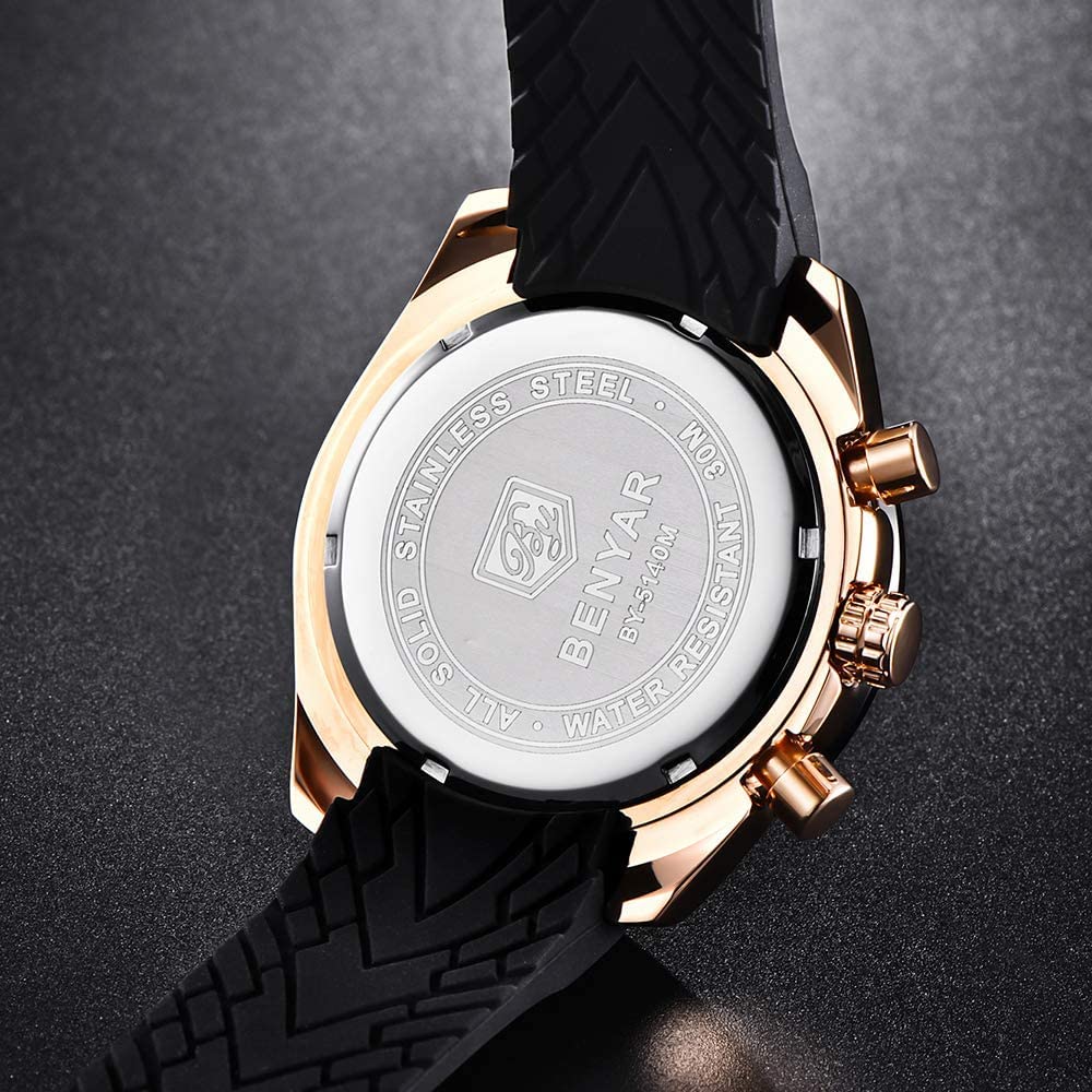 BY BENYAR Watch Chronograph Analog Watch 30M Water Resistant Business Simple Stylish Popular Formal Silicone Strap Quartz Watch Gift for Men Black