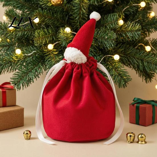 Christmas Party Table Decorations Drawstring Gift Bags with Santa Hat, Reusable Velvet Xmas Goodie Sacks, Festive Soft Plush Hat Candy Apple