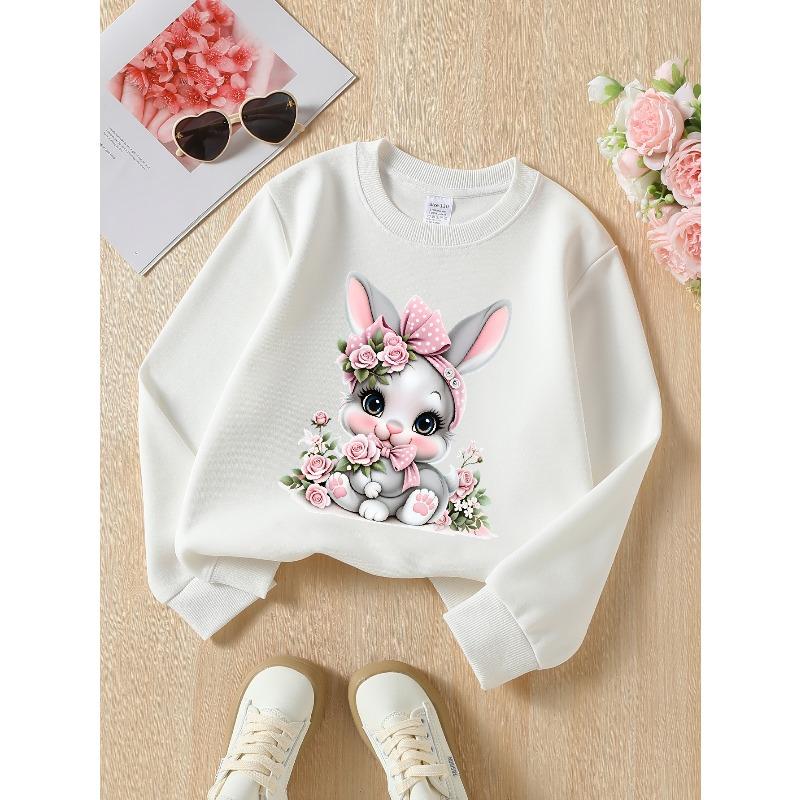Girls Crew Neck SweatshirtCute Bunny with Pink Roses And Bow, Soft Cozy Pullover, Warm Casual Outfit for Autumn & Winter