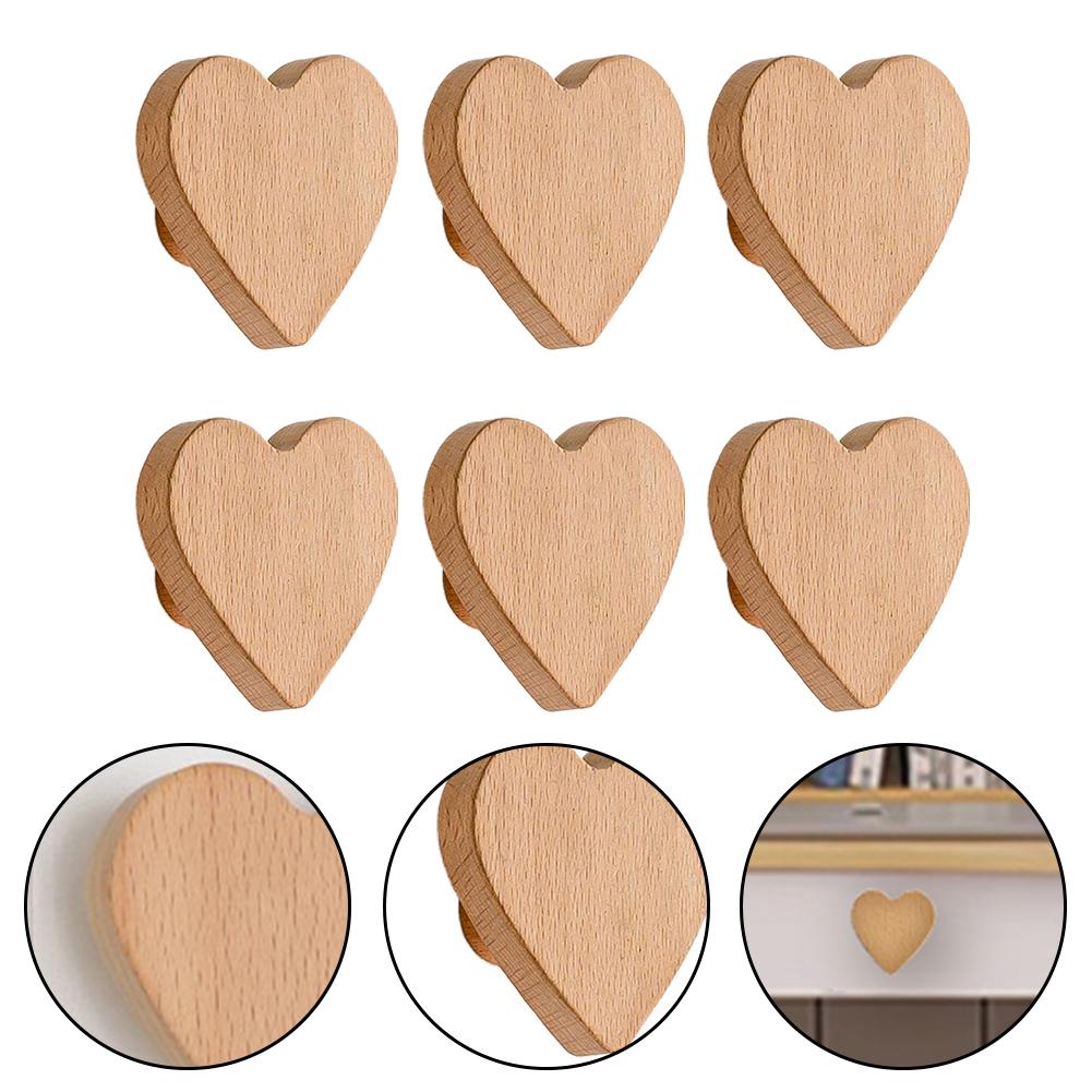 6 Pack Furniture Handles Cabinet Heart Shaped Wooden Handles Drawer Handles Solid Wood Cute Children\'s Room Handle Cabinet Door