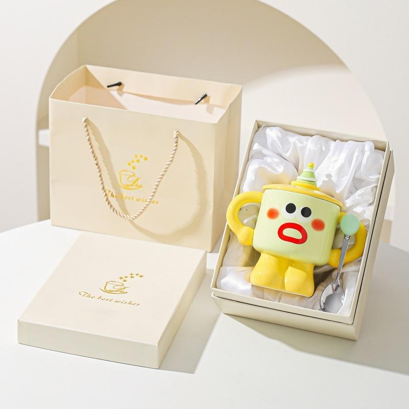 Clown ceramic cup with lid and spoon, mug, girl dormitory cup, household water cup, holiday gift for friends