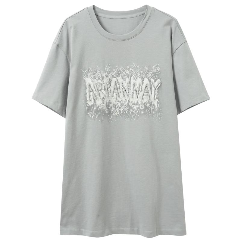 Sancai Women s Loose Fit Printed Round Neck Short Sleeve Mid-length T-shirt S