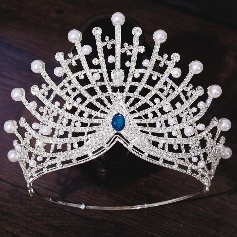 Alloy Electroplated Cross-border Crown Headwear Round Beauty Pageant Baroque Pearl Queen Miss World Full Crown for Women