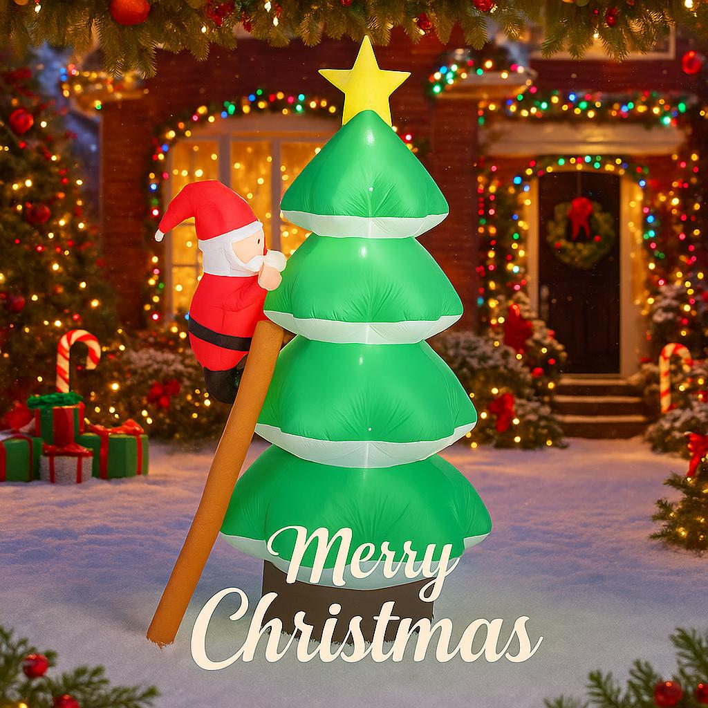 6.89FT Inflatable Toy Christmas Tree Santa Claus Ladder LED Lit Xmas Yard Lawn Party Decoration Xmas Home Supplies Ornament Gift