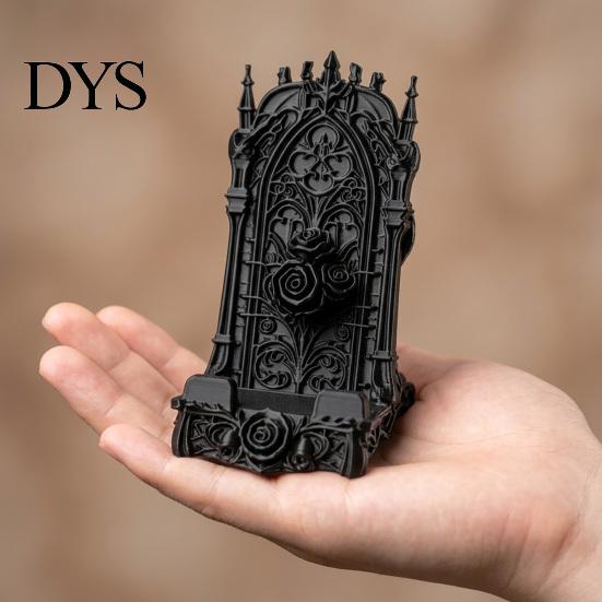 Matte Black Relief Art Ornament 3D Printed Gothic Rose Phone Stand, Vintage Church Carved Desktop Stable Triangular Tablet Stand Holder, Dark