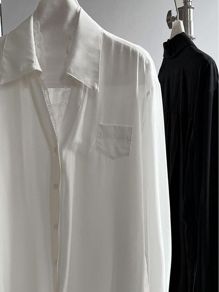 LUXI High-End French Polo Collar Lace Patchwork Women's Shirt - Spring New Arrival Temperament Top