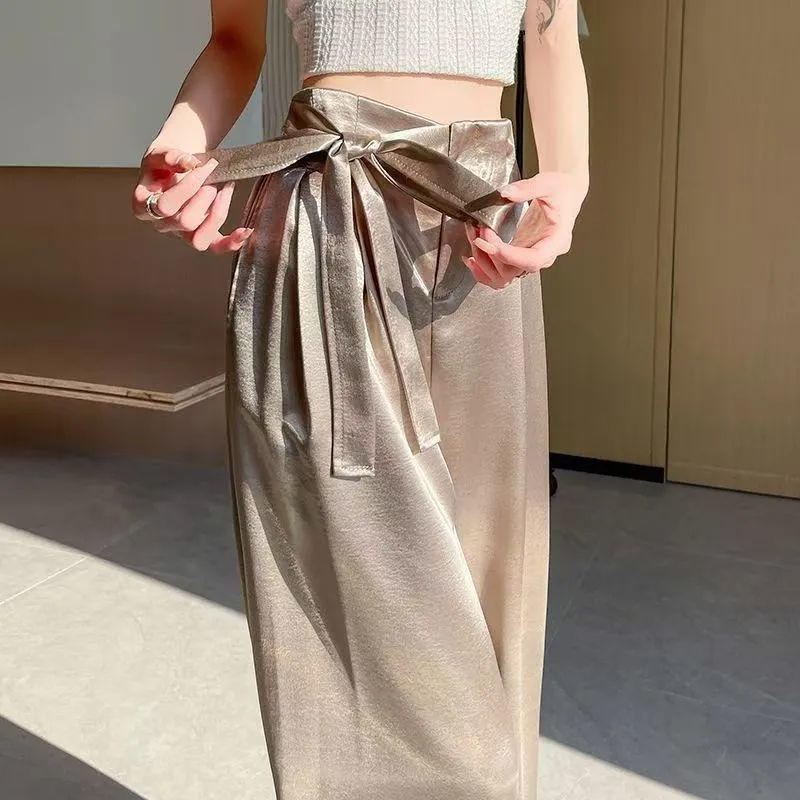 Damen Hochtaillierte Satin-Eis seide Weite Hosen - Sommer Bodenlang mit Bindeband Design