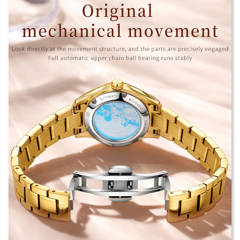 JINSHIDUN Nuevo reloj de negocios y ocio para damas Elegante, ligero, de lujo, informal, resistente al agua, reloj mecánico de calendario único, reloj de alta gama