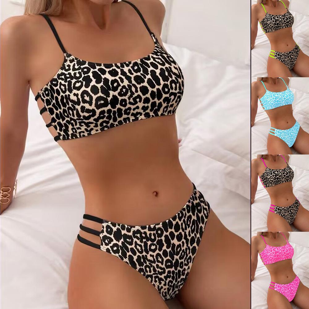 New bikini suit sexy leopard print multi-rope hollow swimsuit bikini