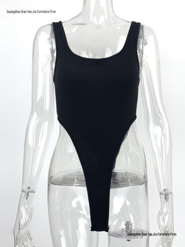 Sexy Slim-Fit Ribbed Cotton U-Neck Tank Top Jumpsuit with High Slit - European & American Summer Collection