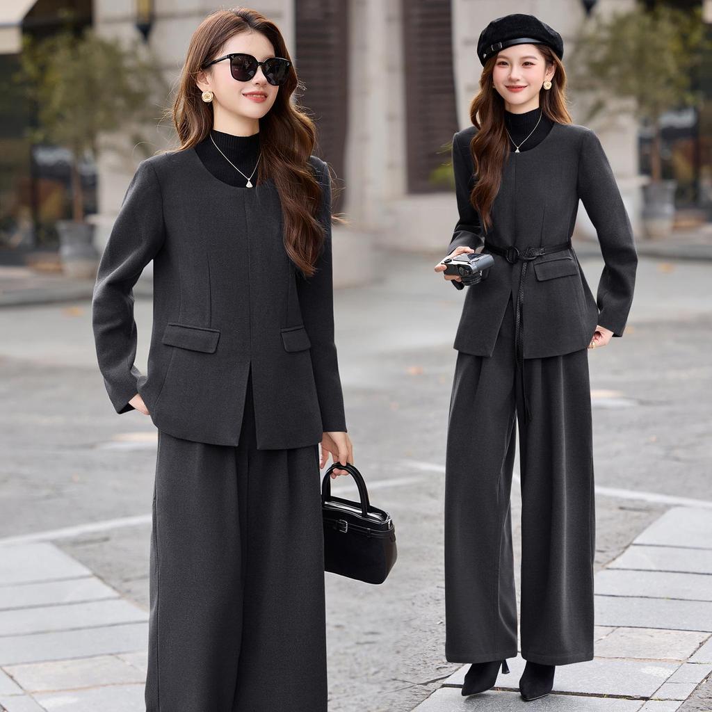 Women's Wool Suit Set: 2026 Spring Collection - Fashionable Temperament Casual Jacket & Wide-Leg Pants with Belt