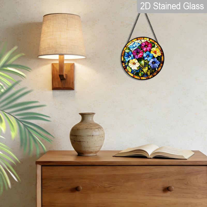 2D Flat, 1pc Morning Glory Round 7.87in Glass Suncatcher, Multicolor Morning Glory Floral Print Window Hanging Ornament, Climbing Flower Home Decor
